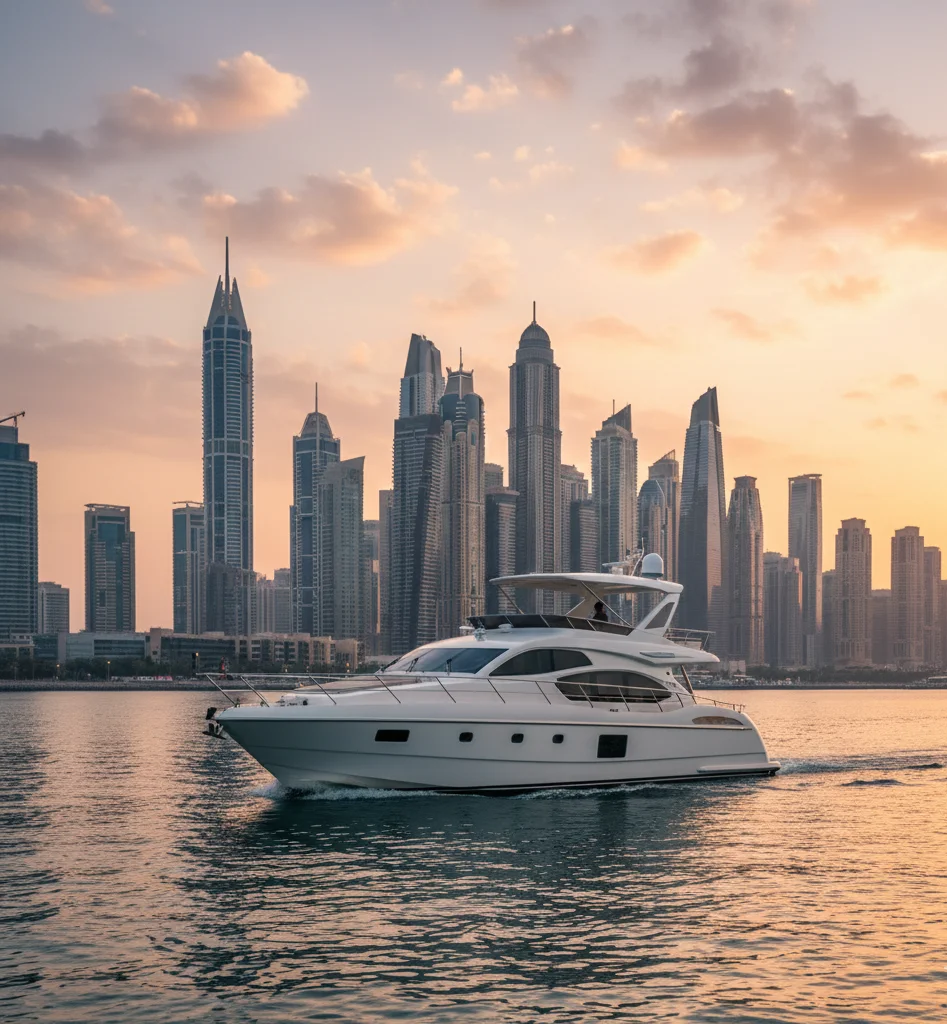 Dubai yacht crew welcoming guests on board